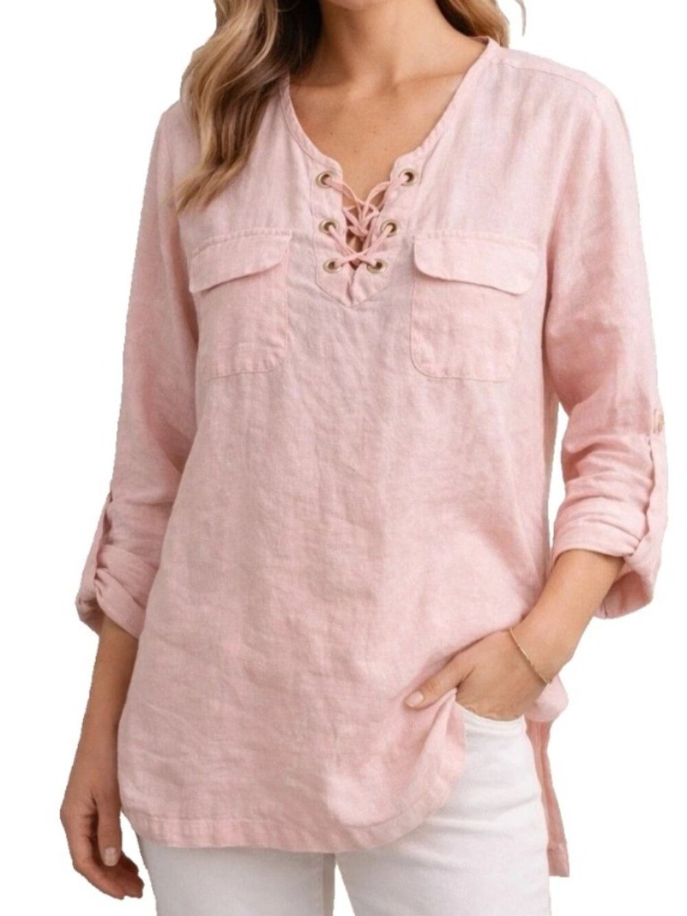 Company Ellen Tracy 100% Linen Blouse Champagne Blush Lace-Up Tunic Size XL